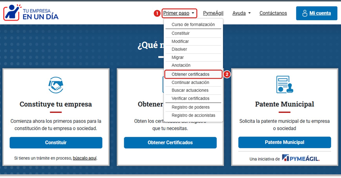 Ve a Primer paso → Obtener certificados