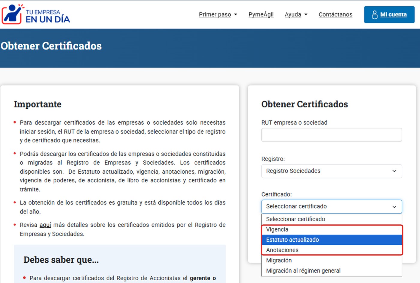 Elige el certificado que necesitas