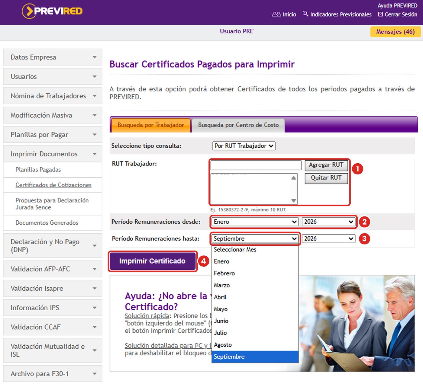 Agrega el RUT, elige el período e imprime