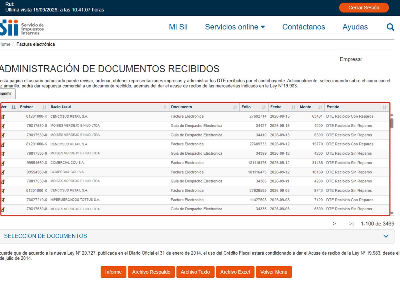 Revisa el listado de documentos